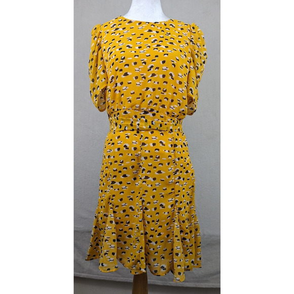 ambition Dresses & Skirts - Ambition sz M Dress yellow lined sheer fluted skirt area matching belt S6